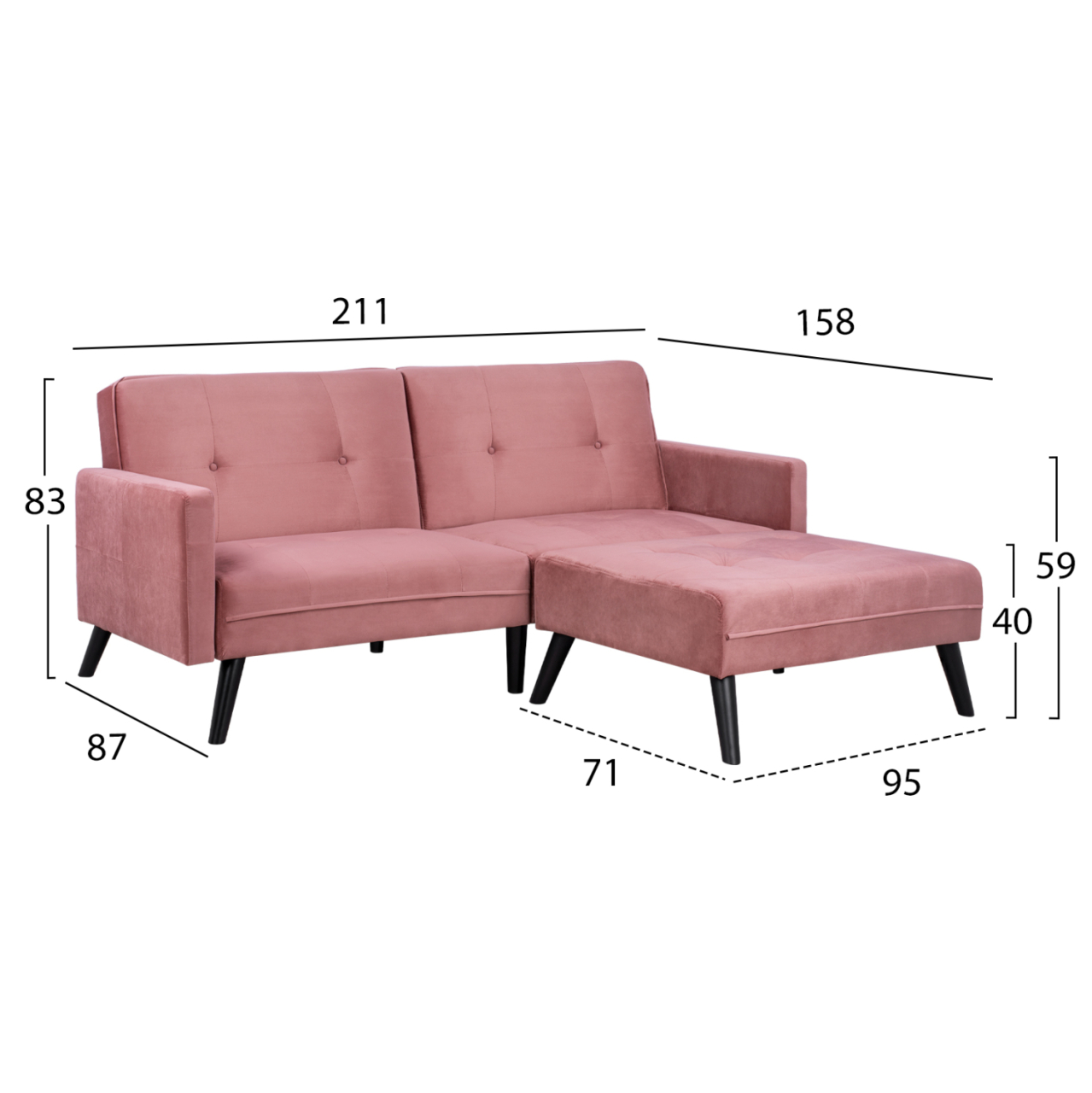 CORNER SOFA BED VELVET DUSTY PINK WITH FOOTREST 211X158X83Y cm.HM3151.02 [2]