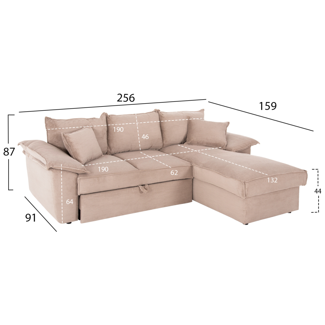 CORNER SOFA-BED WITH STORAGE SPACE ALDO HM3276.01R BEIGE FABRIC 256x91-159x87Hcm. [2]