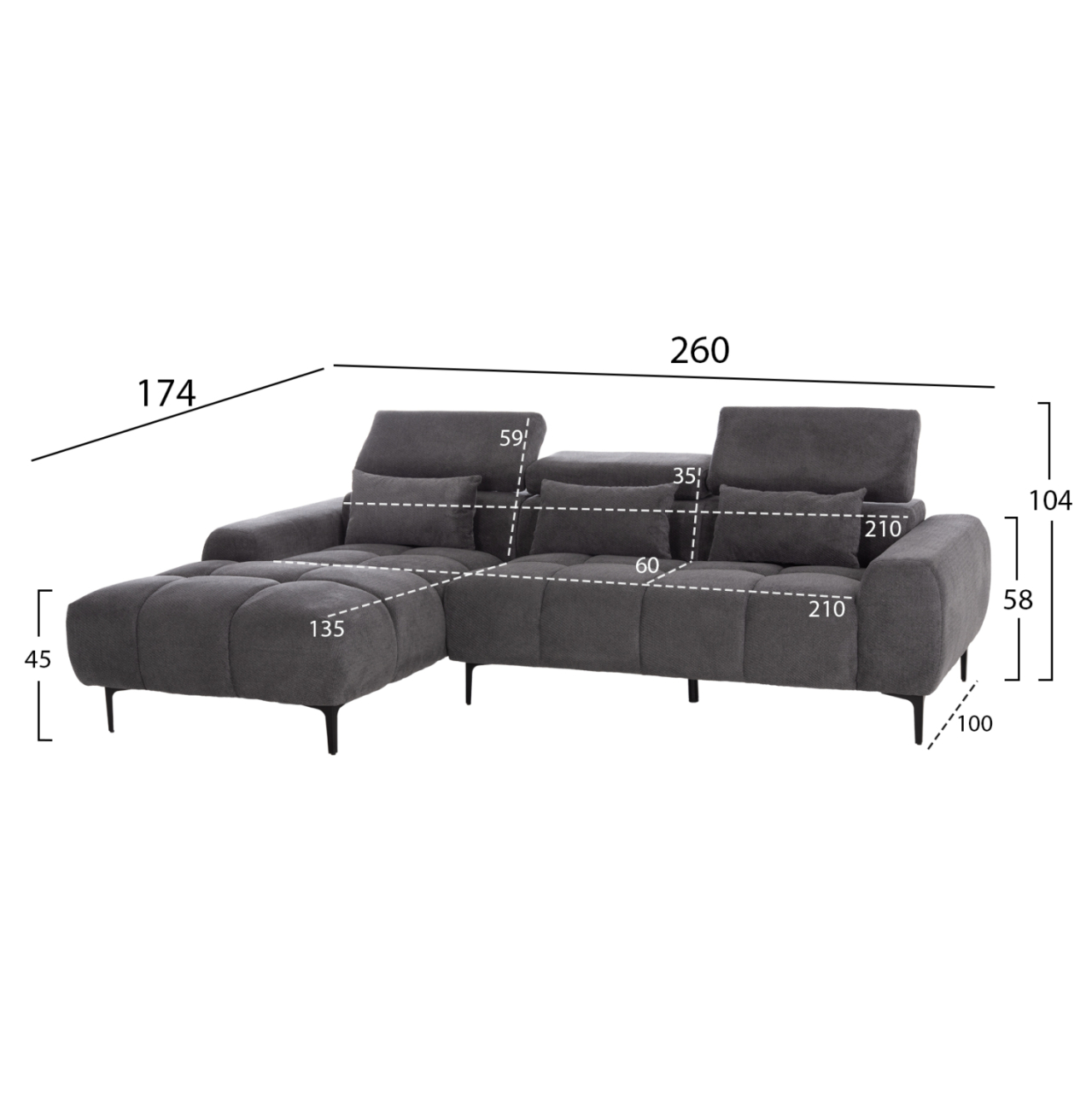 CORNER SOFA LEFT DIVYA HM3267.12L GREY FABRIC 260x100-174x104Hcm. [2]