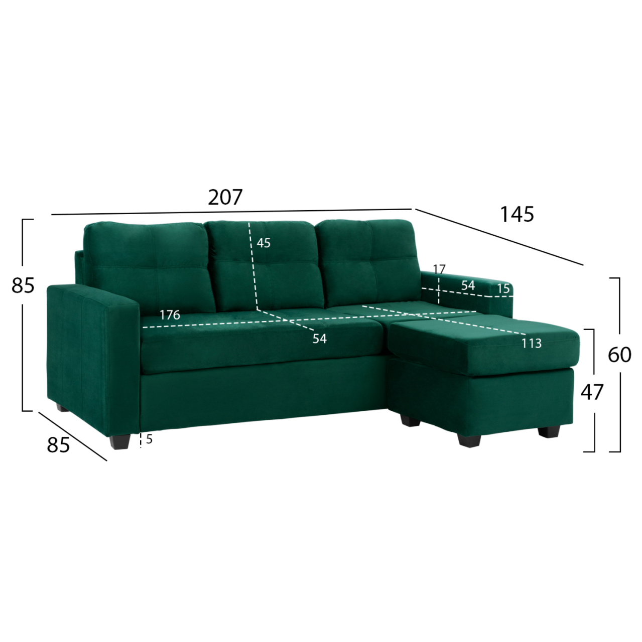 Corner Sofa Reversible Velvet Fabric Cypress Green color 207x145x85 HM3004.13 [2]