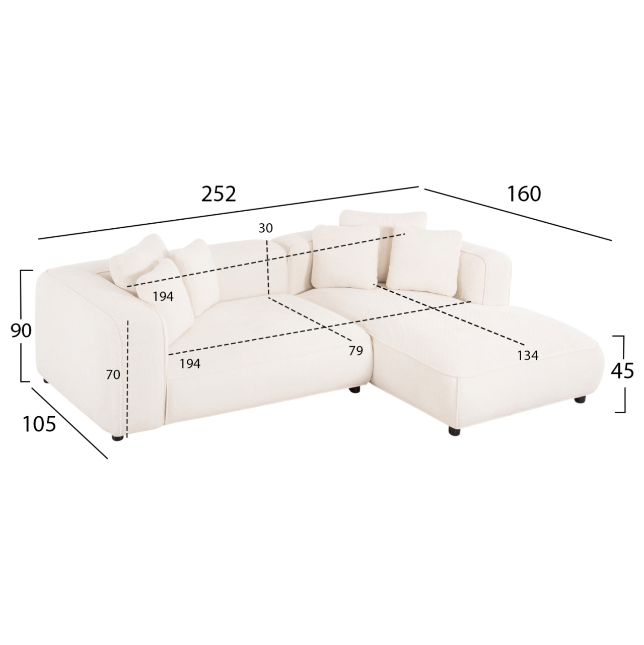 CORNER SOFA (RIGHT) 3-SEATER GRACE HM3280.02R WHITE FABRIC 252x105-160x70-90Hcm. [2]
