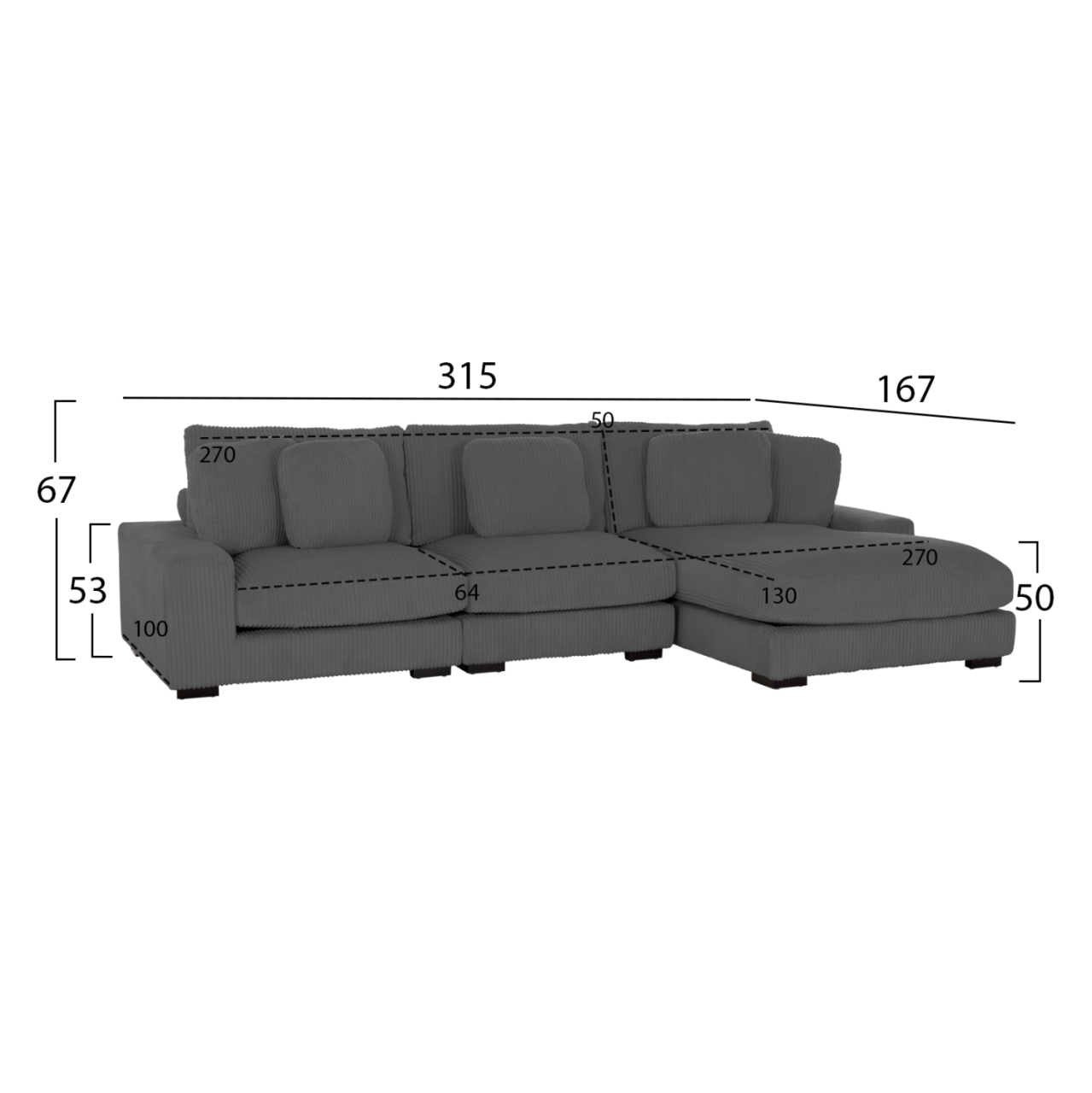CORNER SOFA RIGHT CRANFIELD HM3287.01R GREY CORD FABRIC 315x167(corner)x67Hcm. [2]