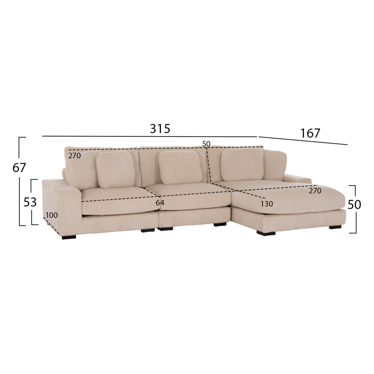 CORNER SOFA RIGHT CRANFIELD HM3287.02R BEIGE CORD FABRIC 315x167(corner)x67Hcm. [2]