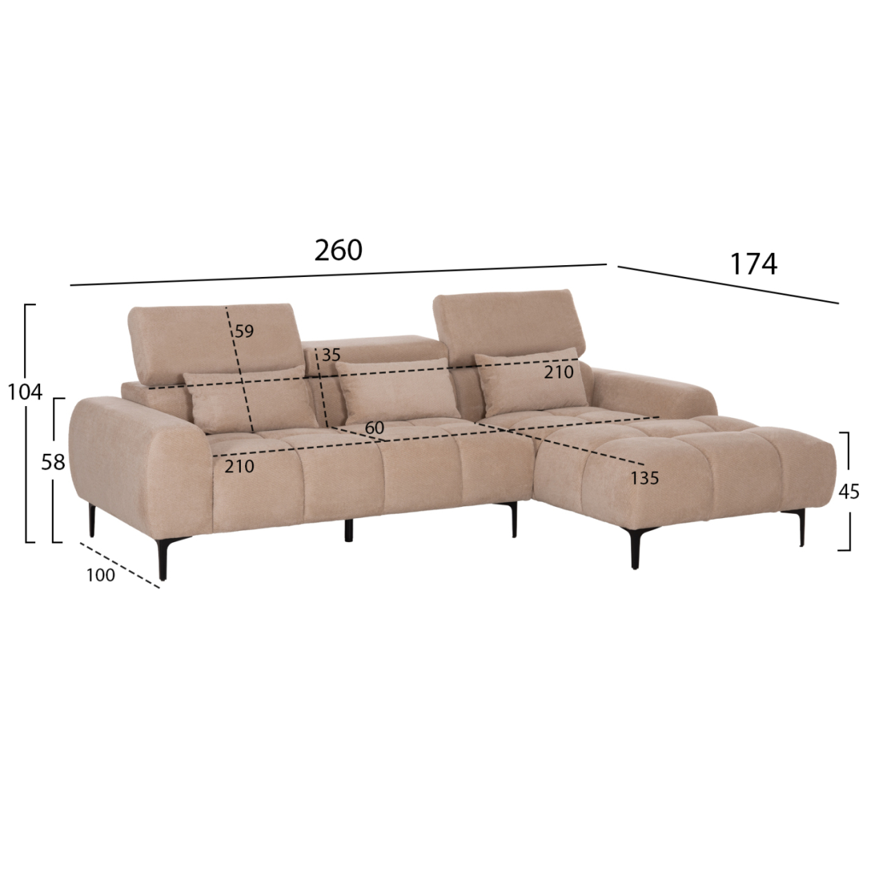 CORNER SOFA RIGHT DIVYA HM3267.11R BROWN FABRIC 260x100-174x104Hcm. [2]