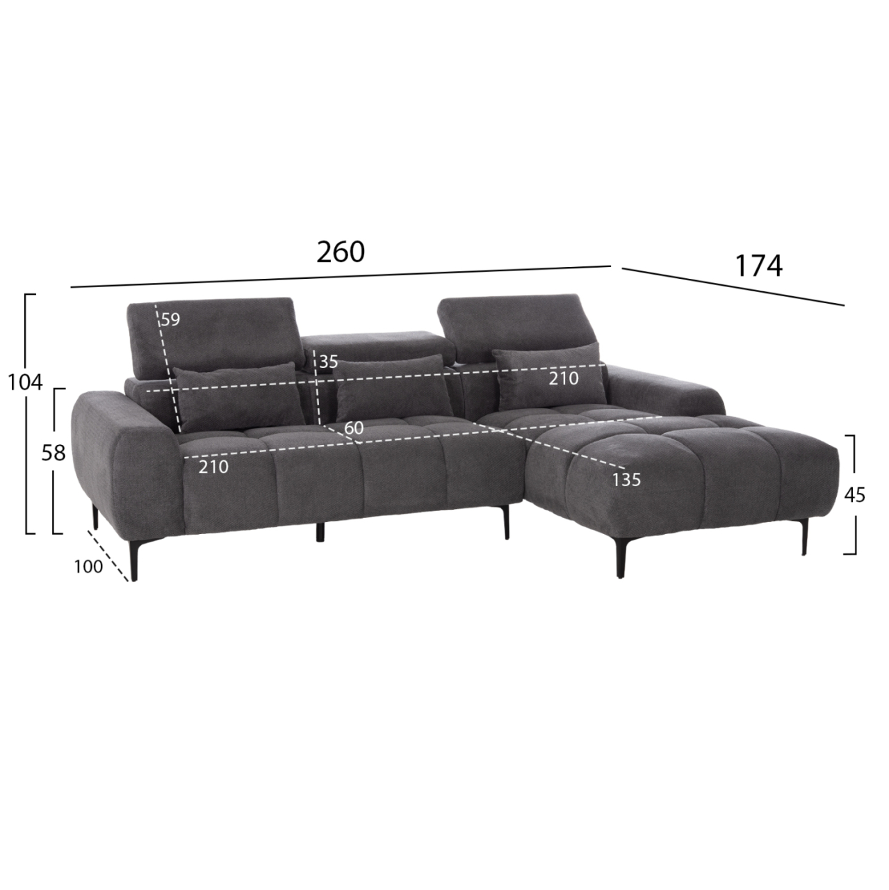 CORNER SOFA RIGHT DIVYA HM3267.12R GREY FABRIC 260x100-174x104Hcm. [2]