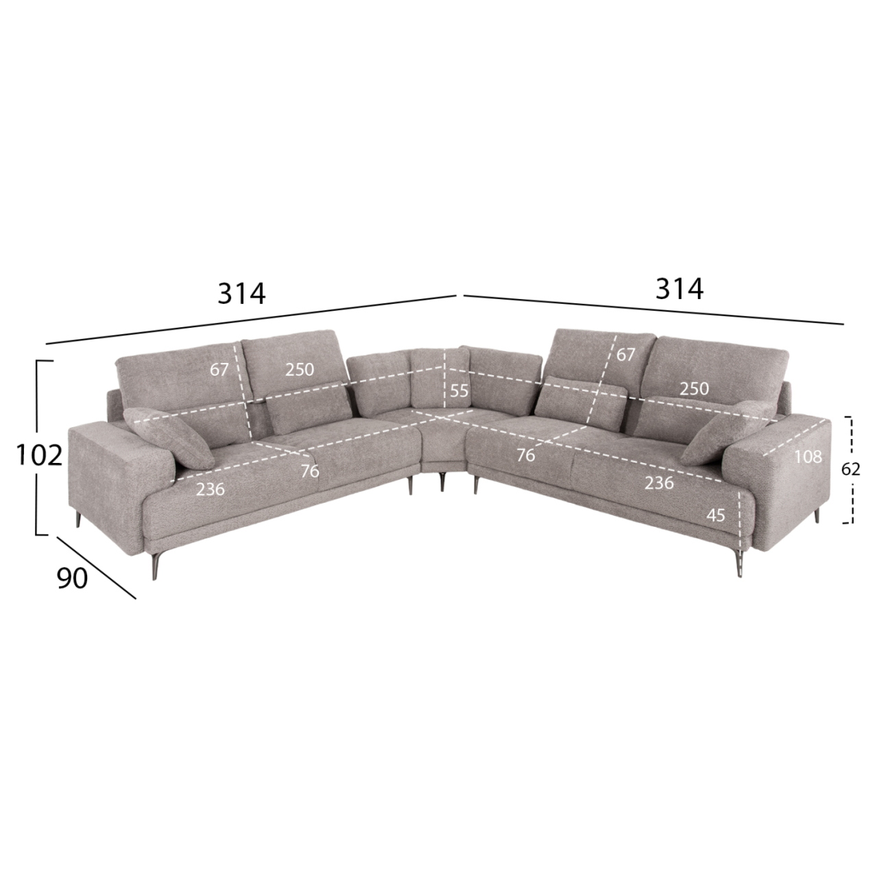 CORNER SOFA SYMMET HM3269.01 LIGHT GRAY FABRIC-GLOSSY ANTHRACITE LEGS 314x314x90-102Hcm. [2]