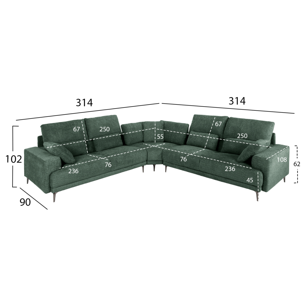 CORNER SOFA SYMMET HM3269.05 GREEN FABRIC-GLOSSY ANTHRACITE LEGS 314x314x90-102Hcm. [2]
