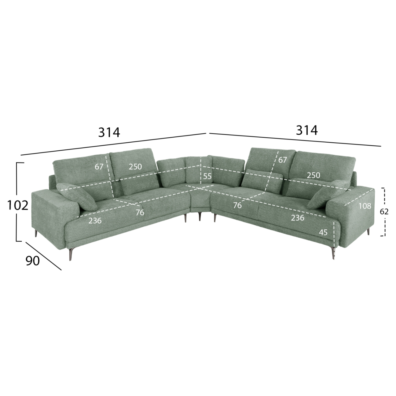 CORNER SOFA SYMMET HM3269.06 MINT FABRIC-GLOSSY ANTHRACITE LEGS 314x314x90-102Hcm. [2]
