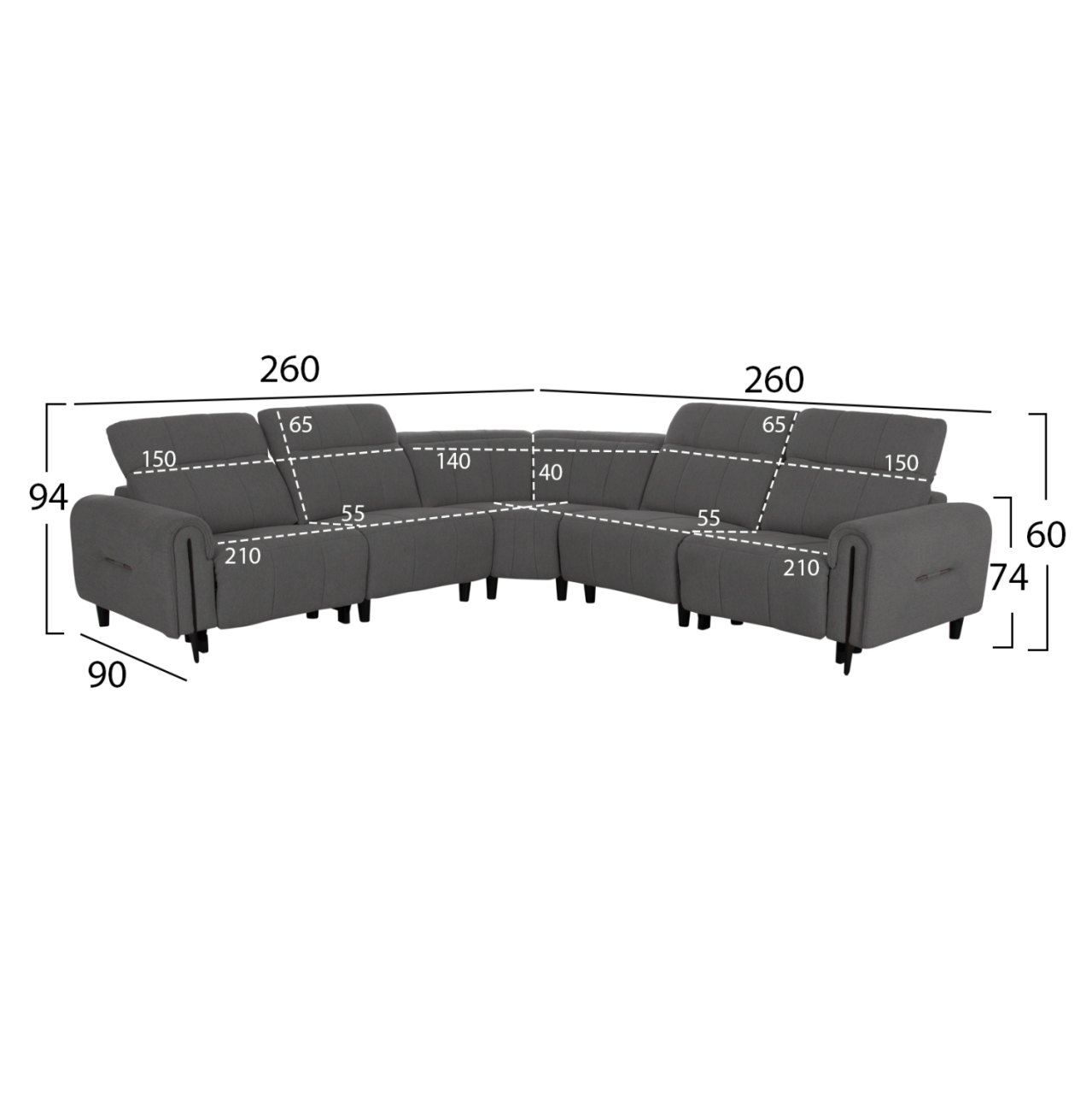 CORNER SOFA WITH 2 RECLINE SEATS ORACLE HM3290.01 GREY FABRIC 260x260x90(seat depth)x94Hcm. [2]