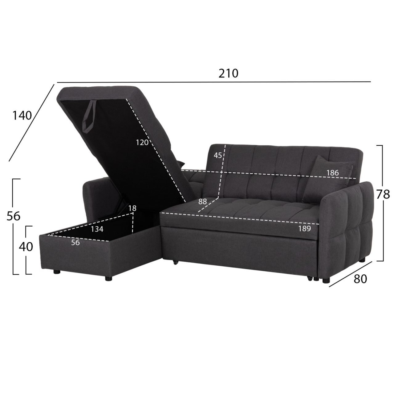 CORNER SOFABED REVERSIBLE NEZU HM3294.01 GREY FABRIC 210x140x78Hcm. [2]