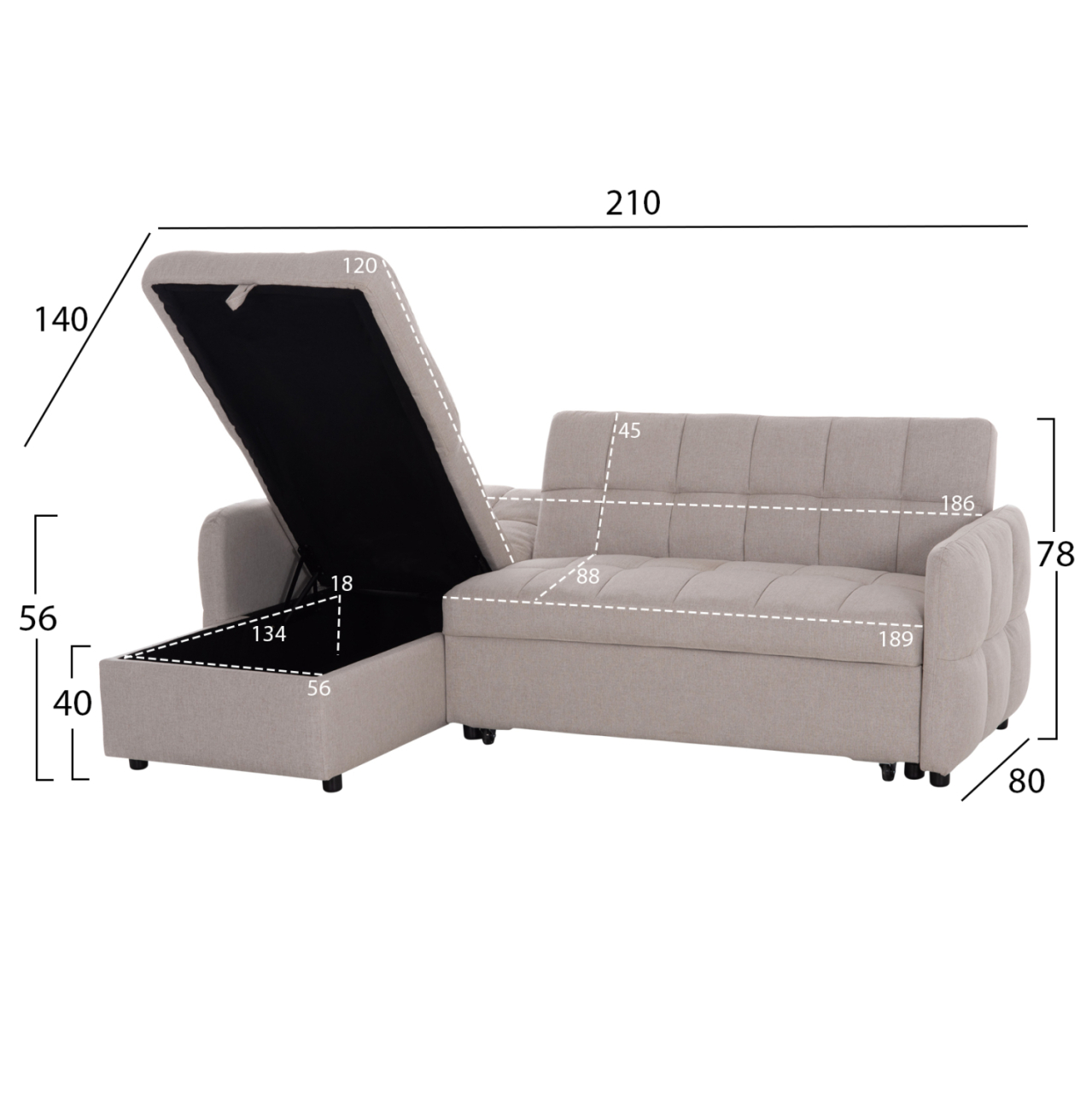 CORNER SOFABED REVERSIBLE NEZU HM3294.02 BEIGE FABRIC 210x140x78Hcm. [2]