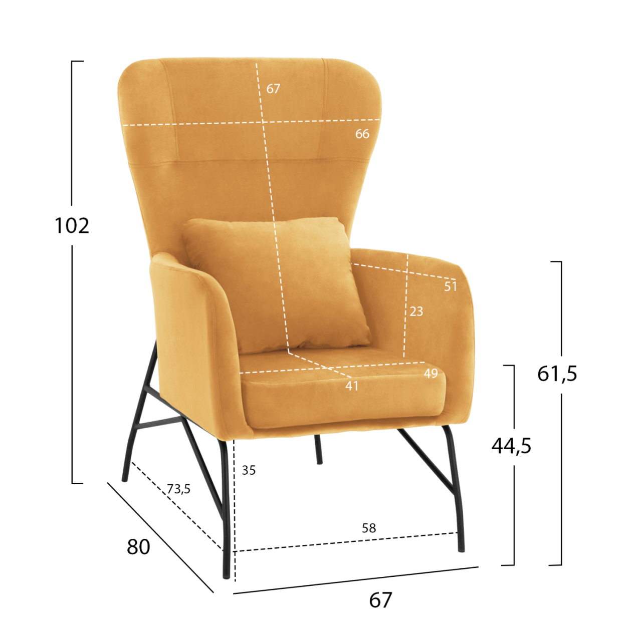 DANIA Armchair, Velvet Gold, metal black leg HM8721.09 67x80x102 cm. [2]