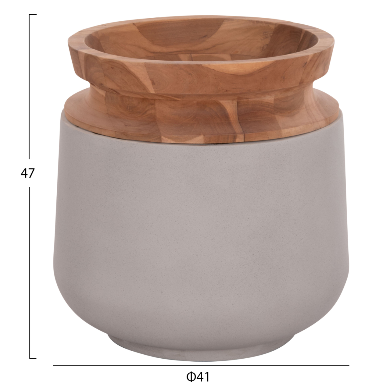 DECORATIVE FLOOR VASE LINTER HM4662.03L FIBER CEMENT IN GREY--TEAK WOOD Φ41x47Hcm. [2]