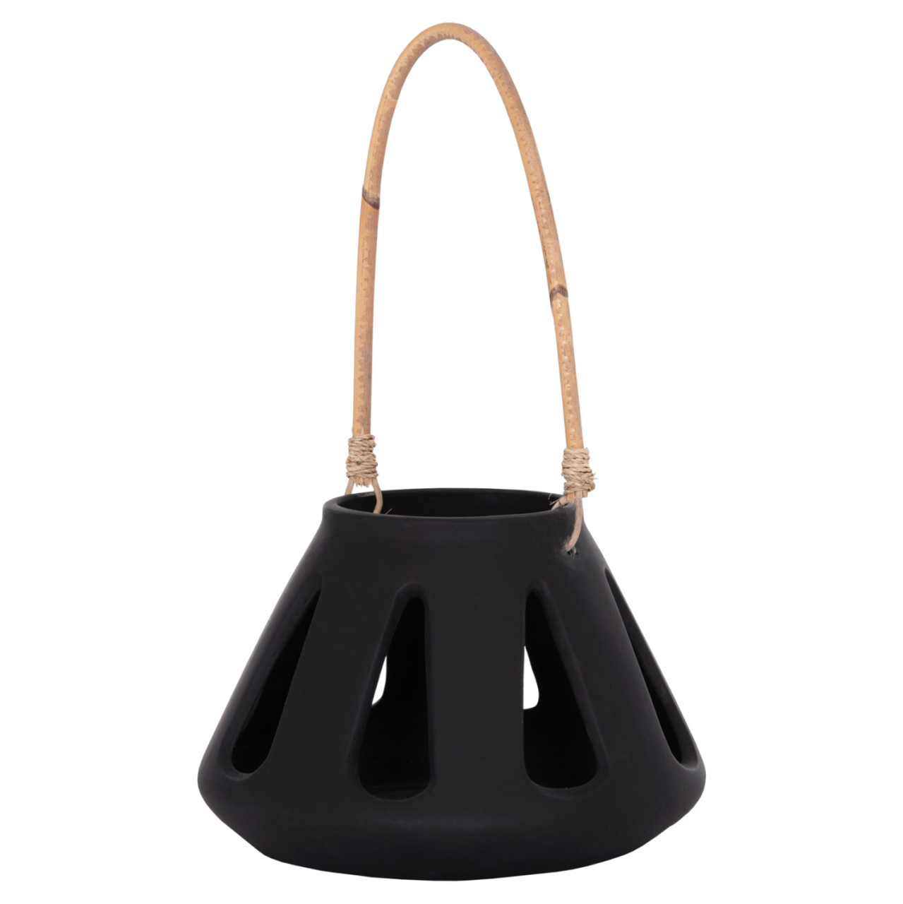 DECORATIVE TABLE LANTERN ERANTYL HM4696.01S BLACK FIBER CEMENT and RATTAN HANDLE Φ25x17Hcm [6]