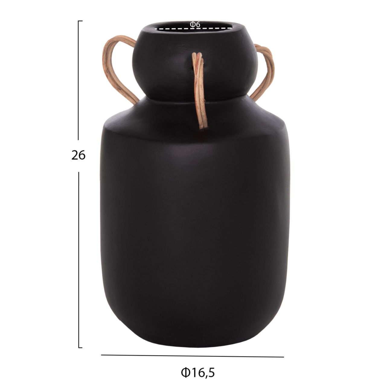 DECORATIVE VASE MIBO HM4688.01M TERRACOTTA IN BLACK--HANDLES NATURAL RATTAN Φ16.5x26Hcm. [2]