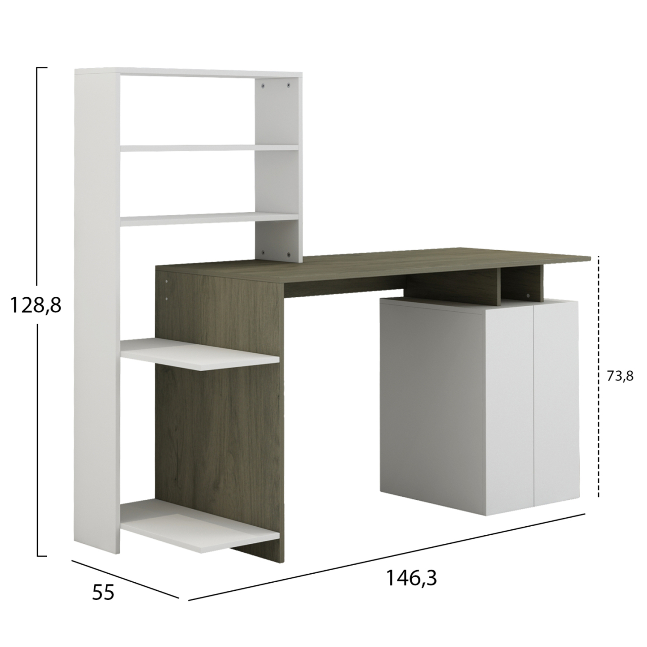 DESK WITH BOOKCASE ROCHELL MELAMINE OLIVE GREY WHITE COLOR 146,3x55x128,8Hcm.HM8886.11 [2]