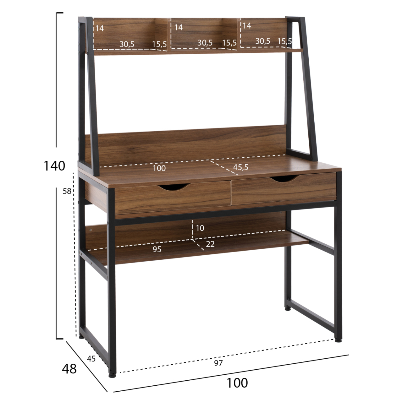 DESK WITH BOOKCASE TANAYA HM2390.12 MELAMINE IN WALNUT and METAL BLACK FRAME 100x48x139H cm. [2]