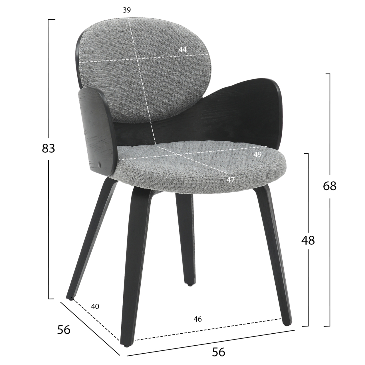 DINING ARMCHAIR DARNELL HM9974.02 PLYWOOD IN BLACK COLOR-GREY FABRIC 56x56x83Hcm. [2]
