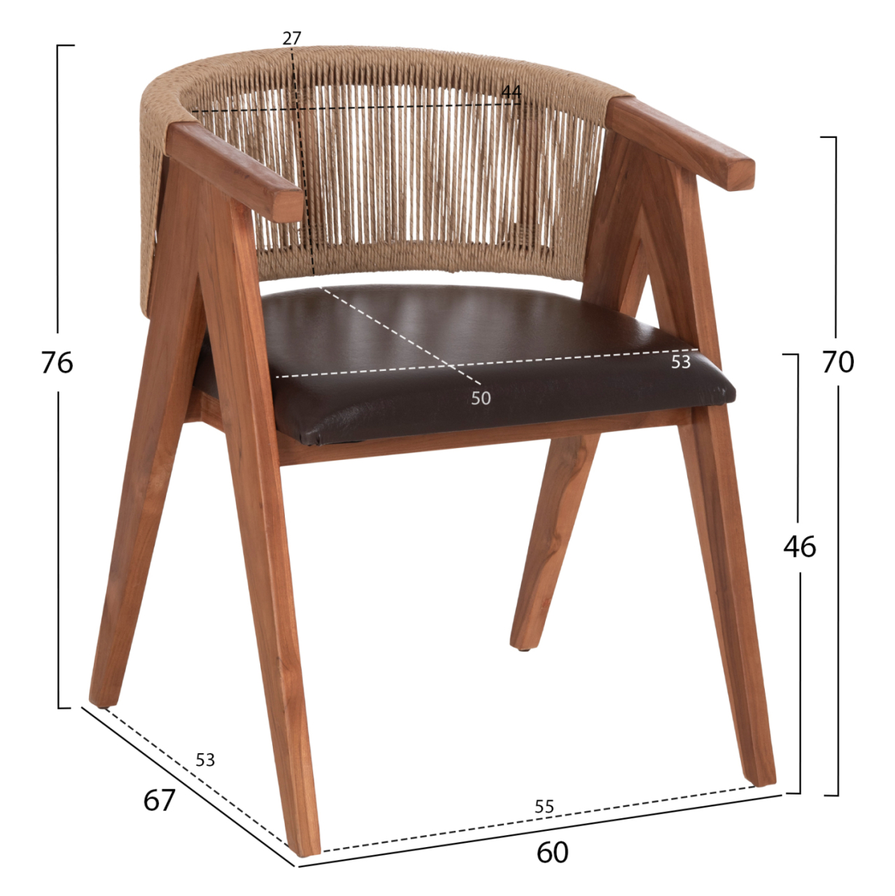 DINING CHAIR BRANN HM18238.11 TEAK WOOD-ROPE-BROWN PU 60x67x76Hcm. [2]
