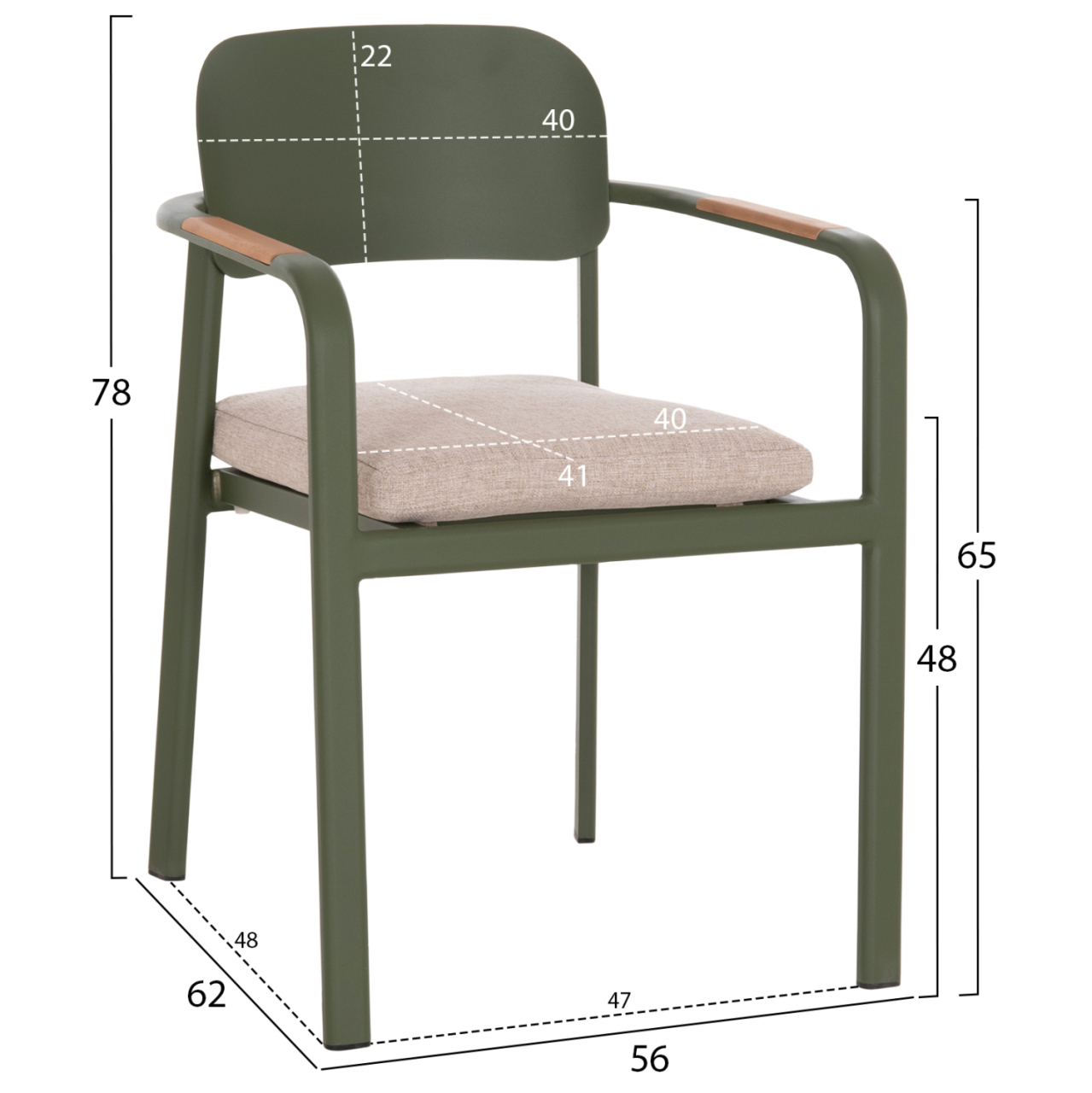 DINING CHAIR ELARA HM6414.06 GREEN ALUMINUM-BEIGE OLEFIN FABRIC--TEAK WOOD 56x62x78Hcm. [2]