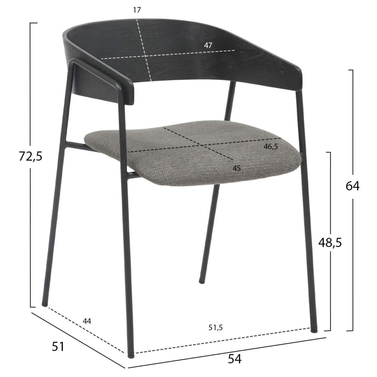 DINING CHAIR KORIN HM9975.02 METAL and PLYWOOD IN BLACK-GREY FABRIC 54x51x72,5Hcm. [2]