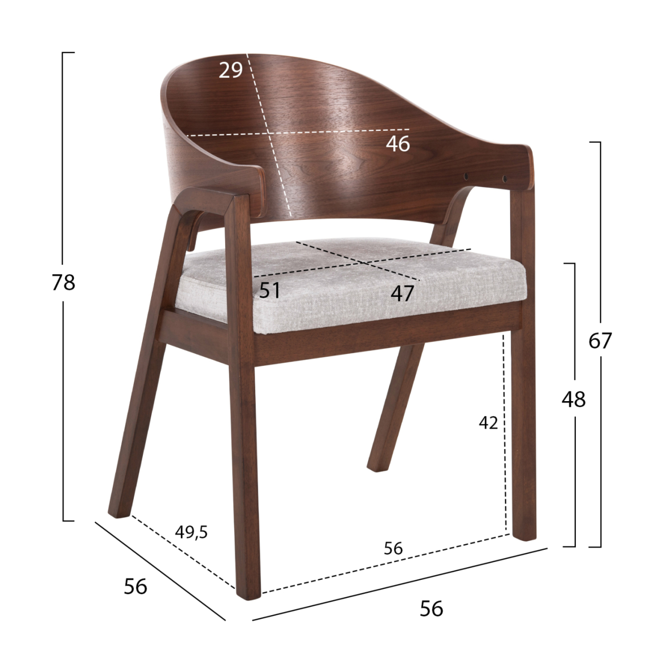 DINING CHAIR NERO HM9972 RUBBERWOOD IN WALNUT COLOR-GREY FABRIC SEAT 56x56x78Hcm. [2]