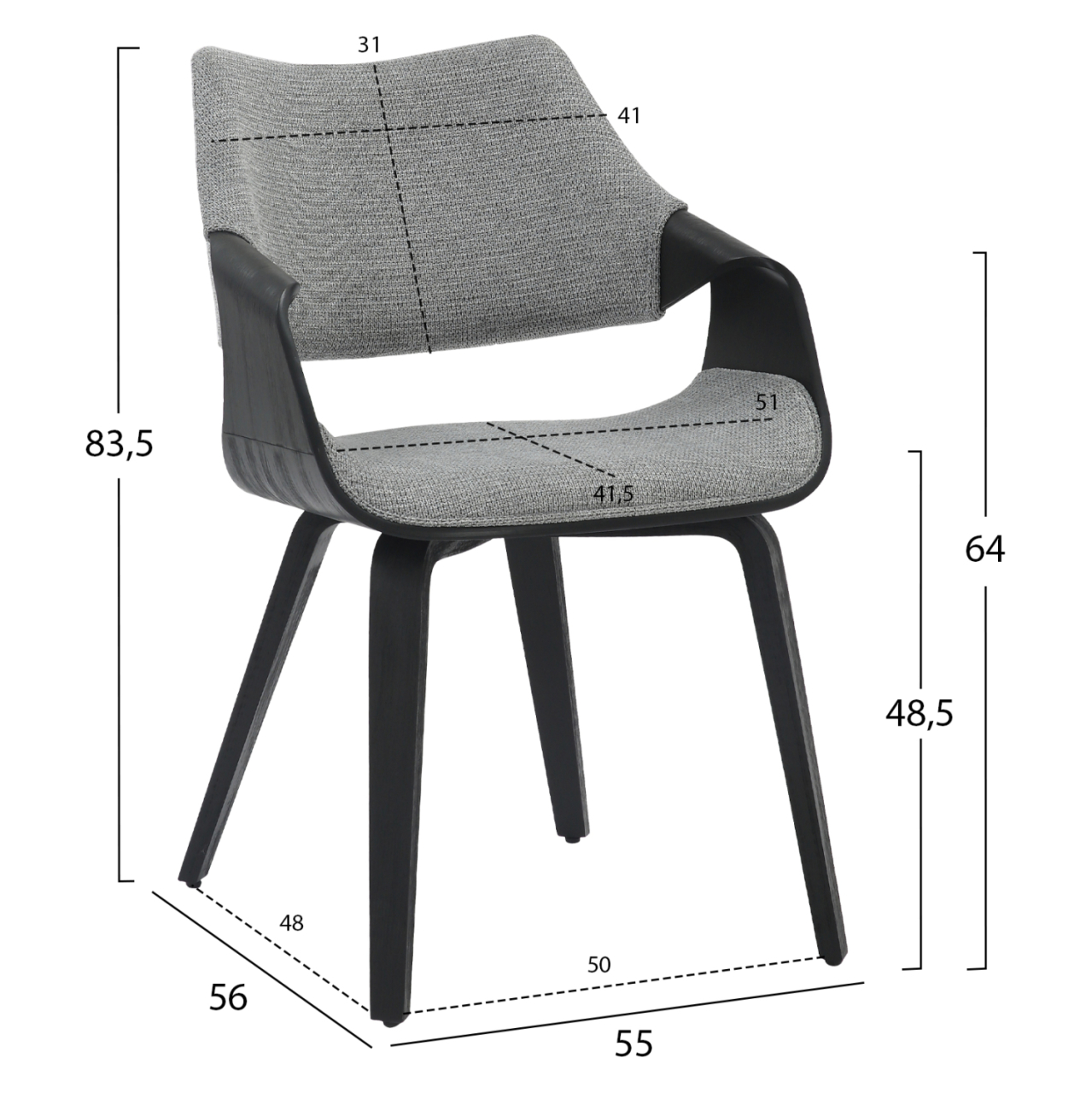 DINING CHAIR NETTO HM9976.02 PLYWOOD FRAME IN BRUSHED BLACK-GREY FABRIC 55x56x83,5Hcm. [2]