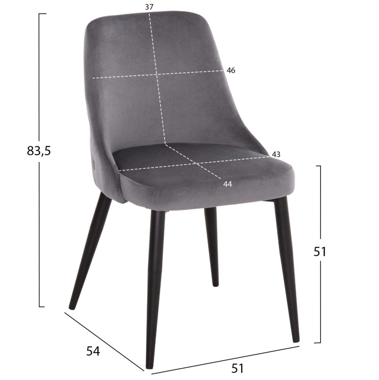 DINING CHAIR SERENITY HM8527.11 GREY VELVET-BLACK METALLIC LEGS 51x54x83,5Hcm. [2]