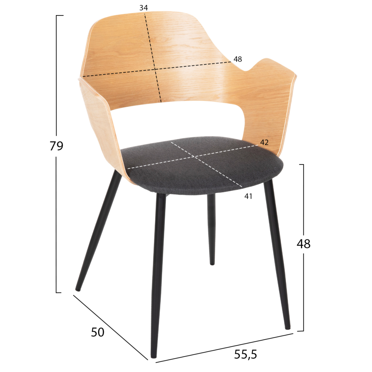 DINING CHAIR VELP HM9616.02 WOOD IN NATURAL-GREY FABRIC-BLACK METAL LEGS 55,5x50x79Hcm. [2]