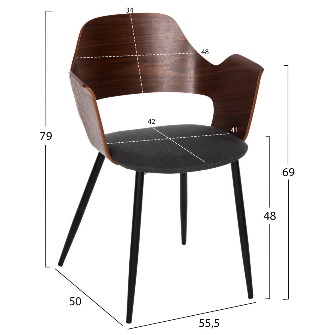 DINING CHAIR VELP HM9616.04 WOOD IN WALNUT-GREY FABRIC-BLACK METAL LEGS 55,5x50x79Hcm. [2]