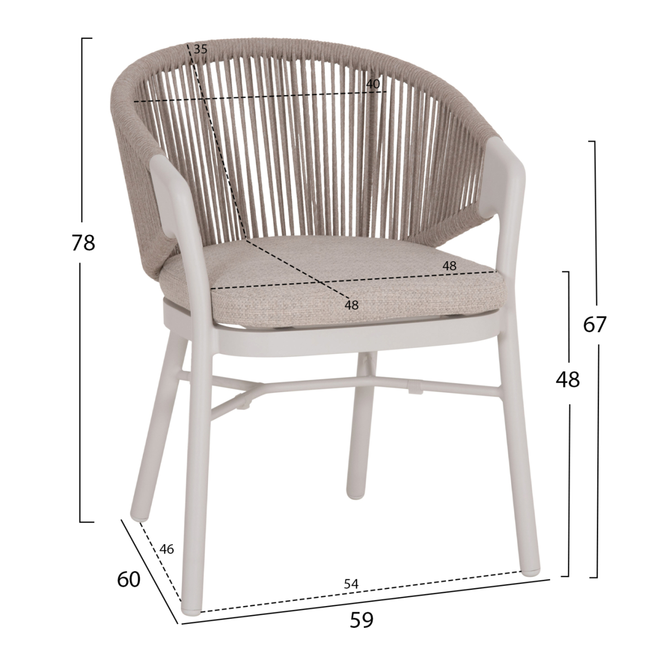 DINING CHAIR XANTION HM6472.02 CREAM WHITE ALUMINUM--ROPE-OLEFIN CUSHION IN LIGHT GREY 59x60x78Hcm. [2]