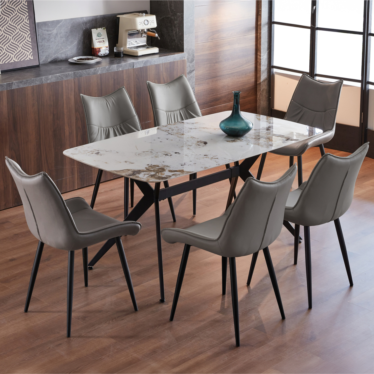 DINING SET 7PCS AIKA HM21364 CERAMIC TOP/METAL LEGS--PU IN GREY/METAL LEGS [2]