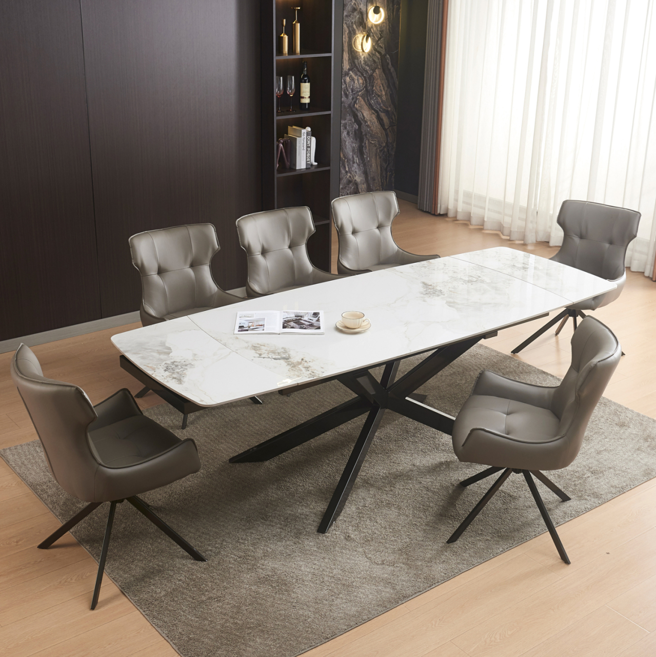 DINING SET 7PCS AIRA HM21358 EXTENDABLE CERAMIC TOP--PU IN GREY [2]