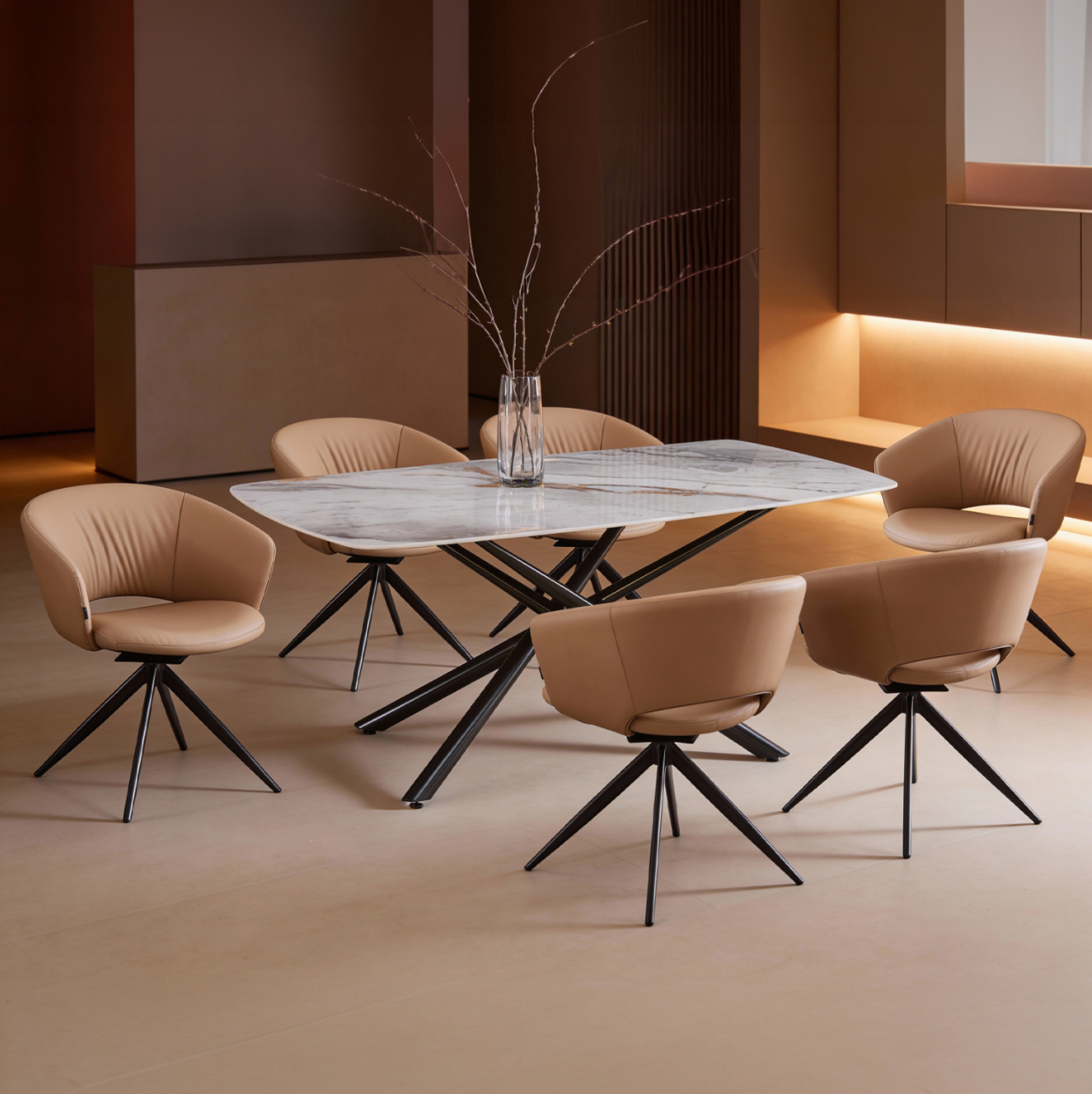 DINING SET 7PCS HANAE HM21365 CERAMIC TOP/METAL LEGS--PU IN MOCHA (LATTE)/METAL LEGS [2]