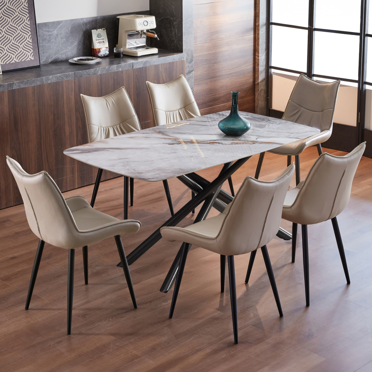 DINING SET 7PCS ISKA HM21363 CERAMIC TOP/METAL LEGS--PU IN BEIGE (TORTORA)/METAL LEGS [2]
