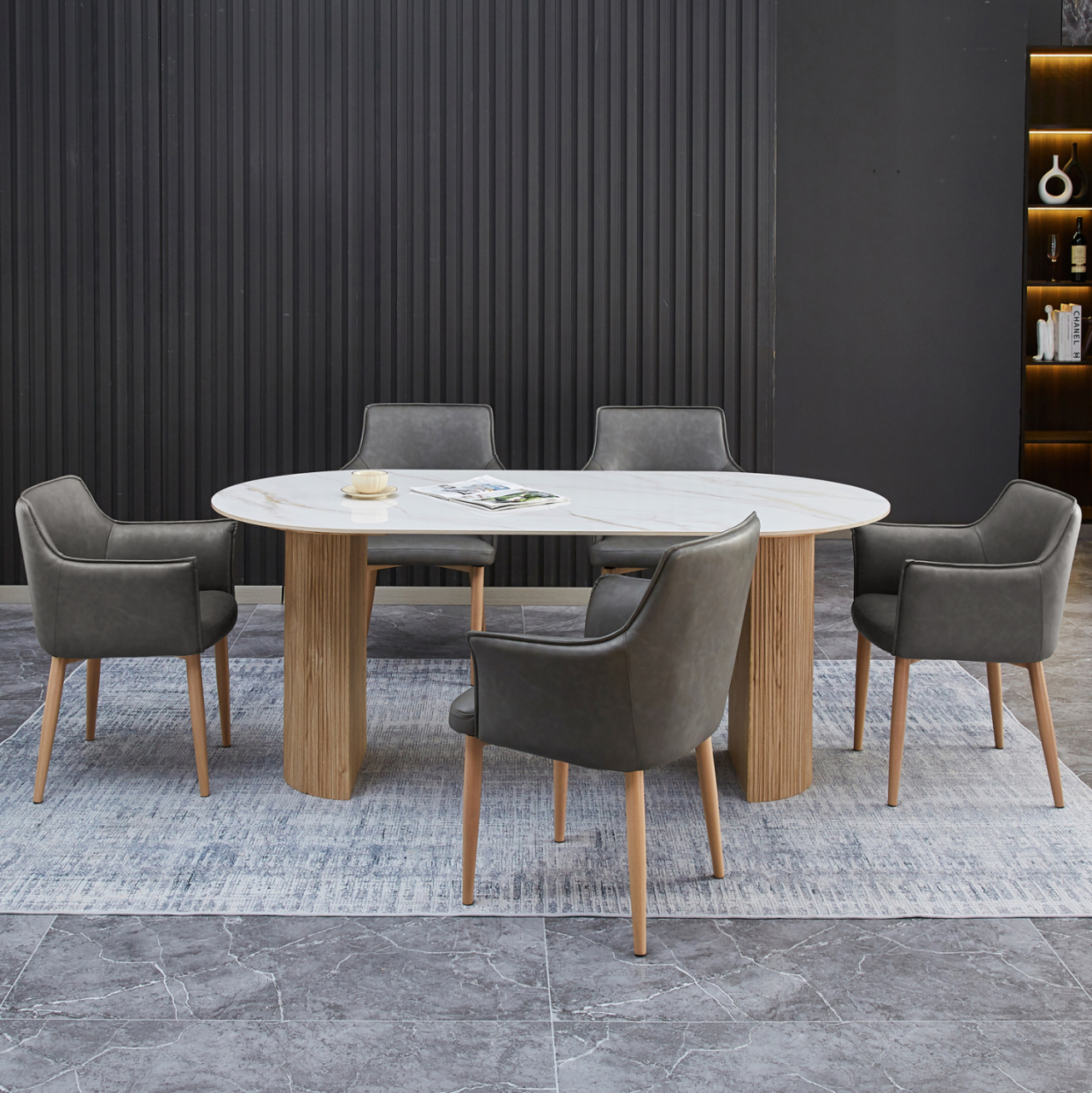 DINING SET 7PCS MELLOW HM21360 CERAMIC TOP/MDF LEGS--PU IN GREY/METAL LEGS [2]