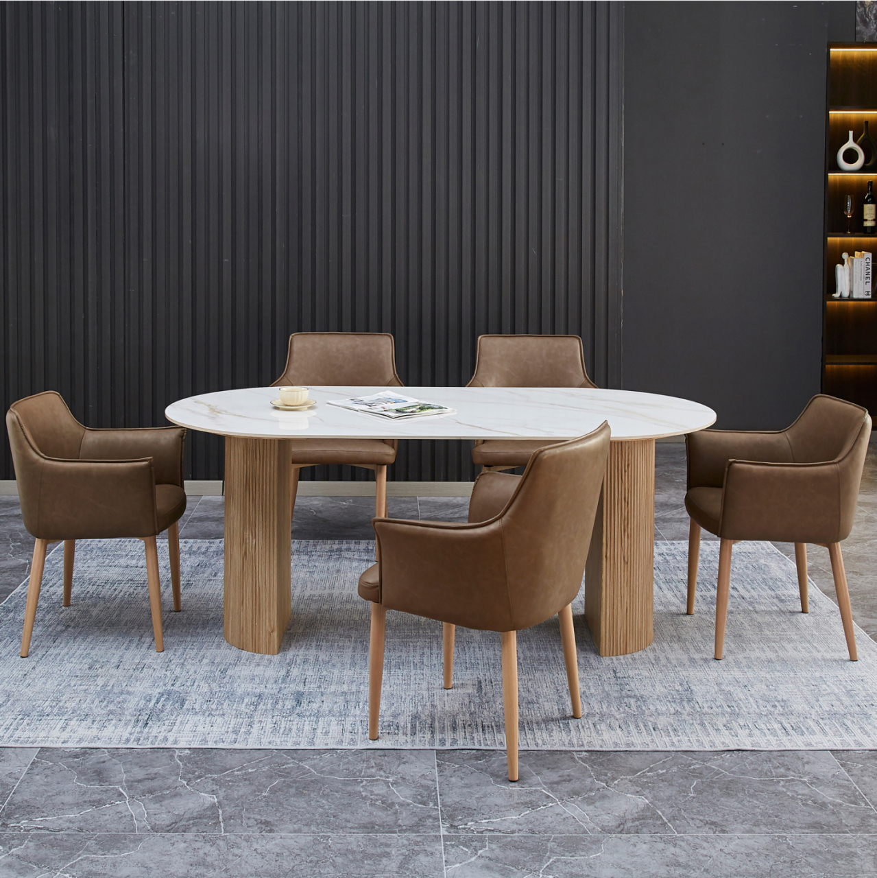 DINING SET 7PCS MELLOW HM21361 CERAMIC TOP/MDF LEGS--PU IN BROWN/METAL LEGS [2]