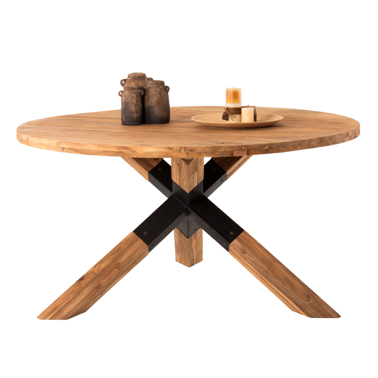 DINING TABLE ROUND KATTE HM9559 RECYCLED TEAK WOOD-LEGS WITH METAL Φ150x78Hcm. [3]