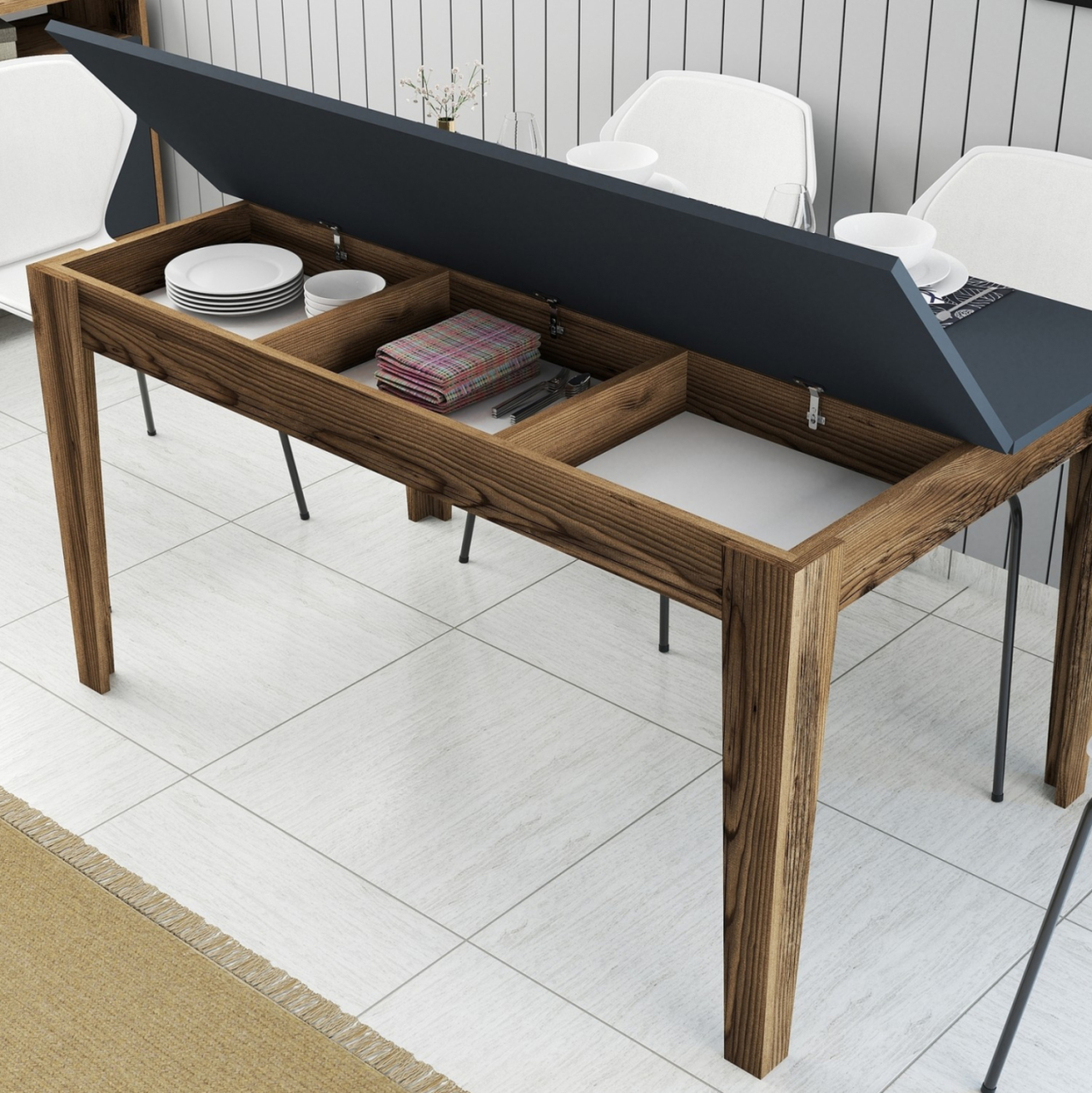 DINING TABLE STANDARD HM9507.01 MELAMINE WALNUT-ANTHRACITE WITH STORAGE SPACE 145x88x75Hcm. [6]