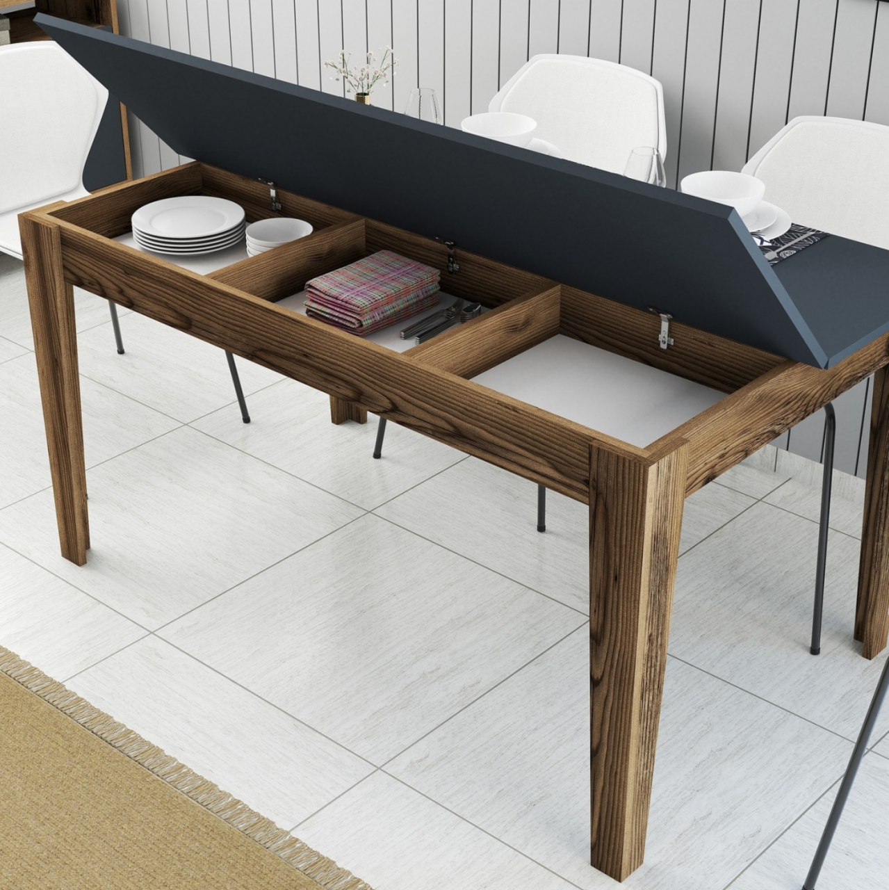DINING TABLE STANDARD HM9507.01 MELAMINE WALNUT-ANTHRACITE WITH STORAGE SPACE 145x88x75Hcm. [5]