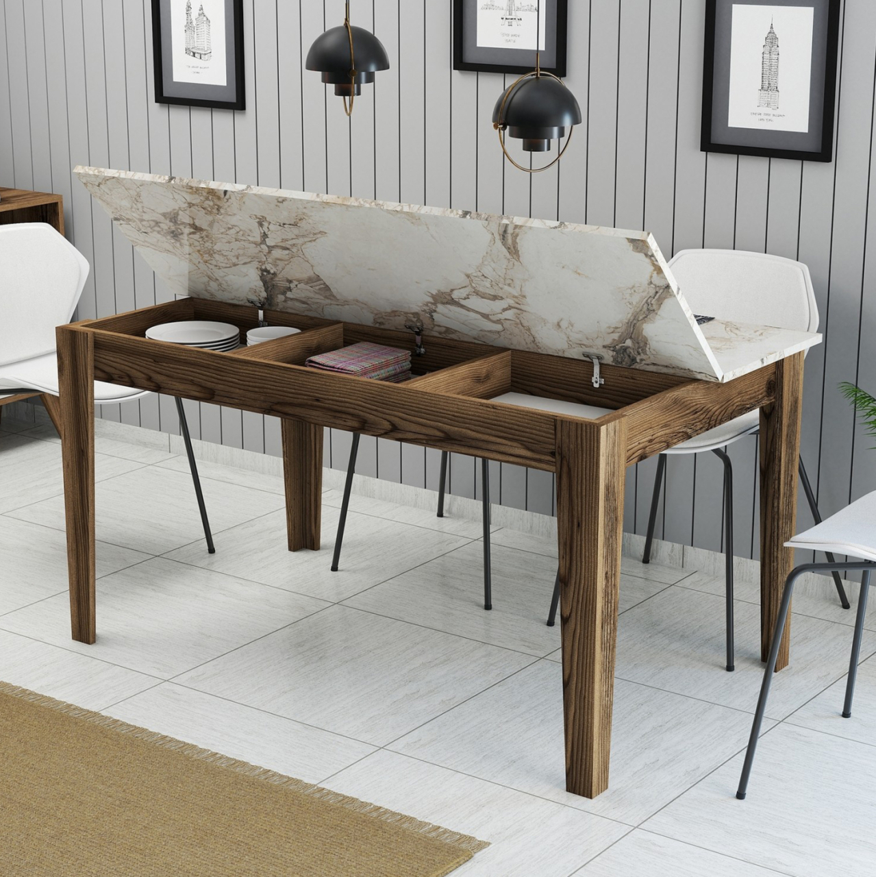 DINING TABLE STANDARD HM9507.03 MELAMINE WALNUT-WHITE MARBLE-LOOK WITH STORAGE SPACE 145x88x75Hcm. [5]