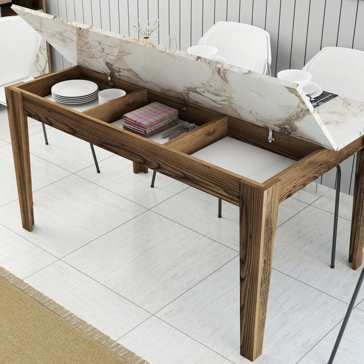 DINING TABLE STANDARD HM9507.03 MELAMINE WALNUT-WHITE MARBLE-LOOK WITH STORAGE SPACE 145x88x75Hcm. [6]