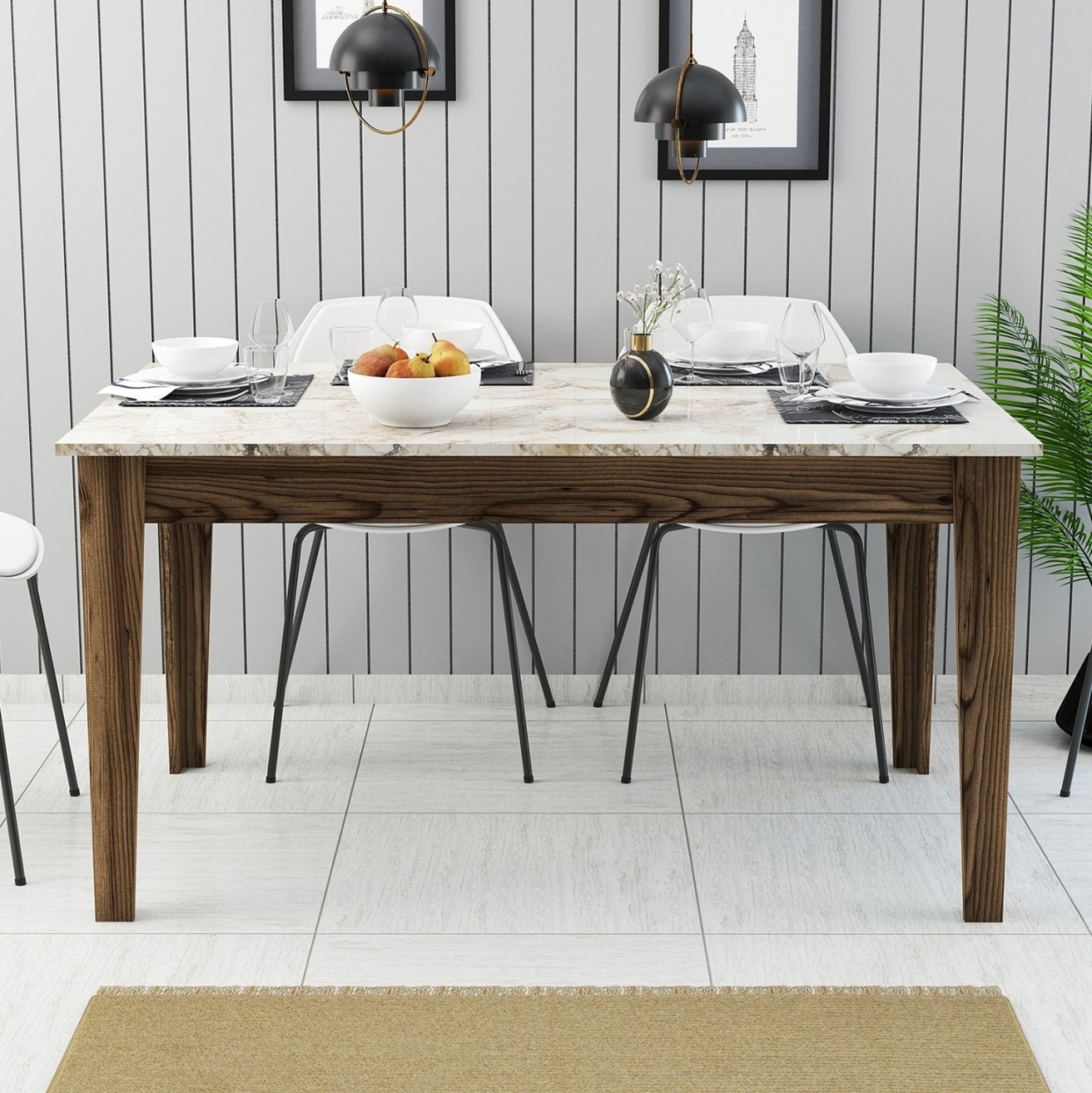 DINING TABLE STANDARD HM9507.03 MELAMINE WALNUT-WHITE MARBLE-LOOK WITH STORAGE SPACE 145x88x75Hcm. [4]