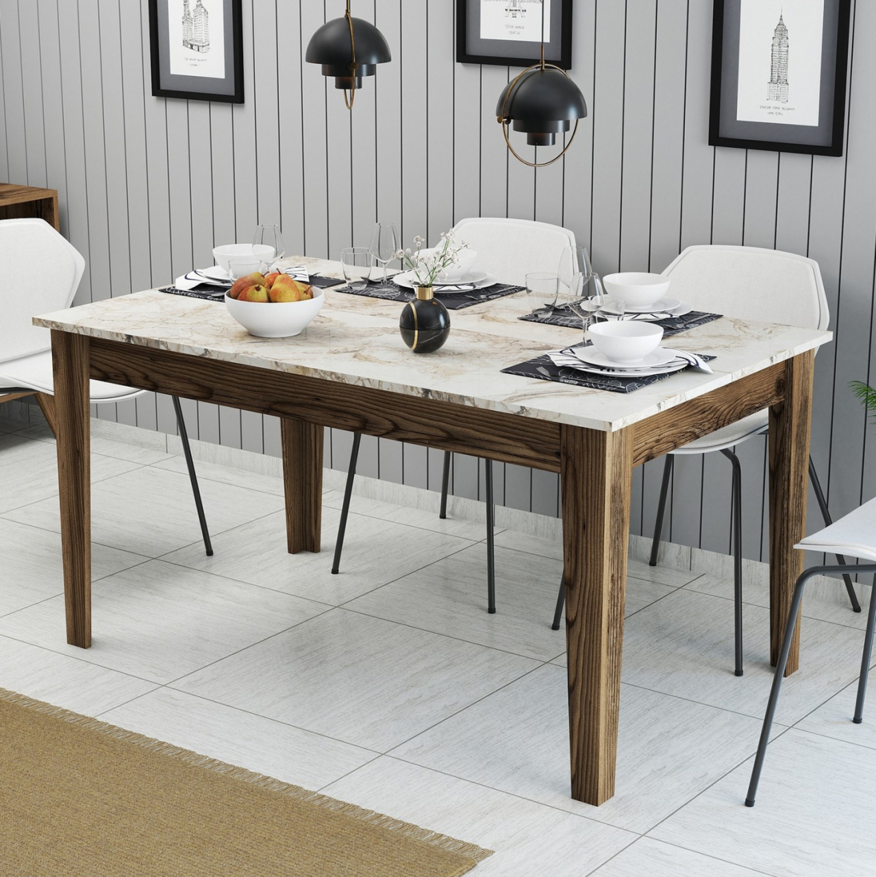 DINING TABLE STANDARD HM9507.03 MELAMINE WALNUT-WHITE MARBLE-LOOK WITH STORAGE SPACE 145x88x75Hcm. [3]