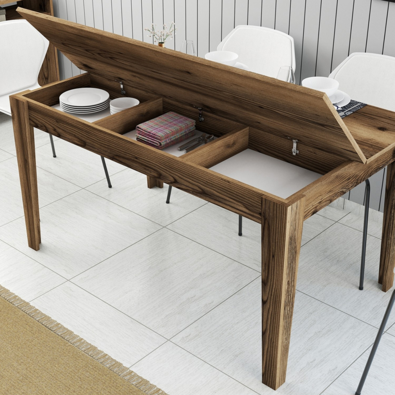 DINING TABLE STANDARD HM9507.04 MELAMINE WALNUT WITH STORAGE SPACE 145x88x75Hcm. [5]
