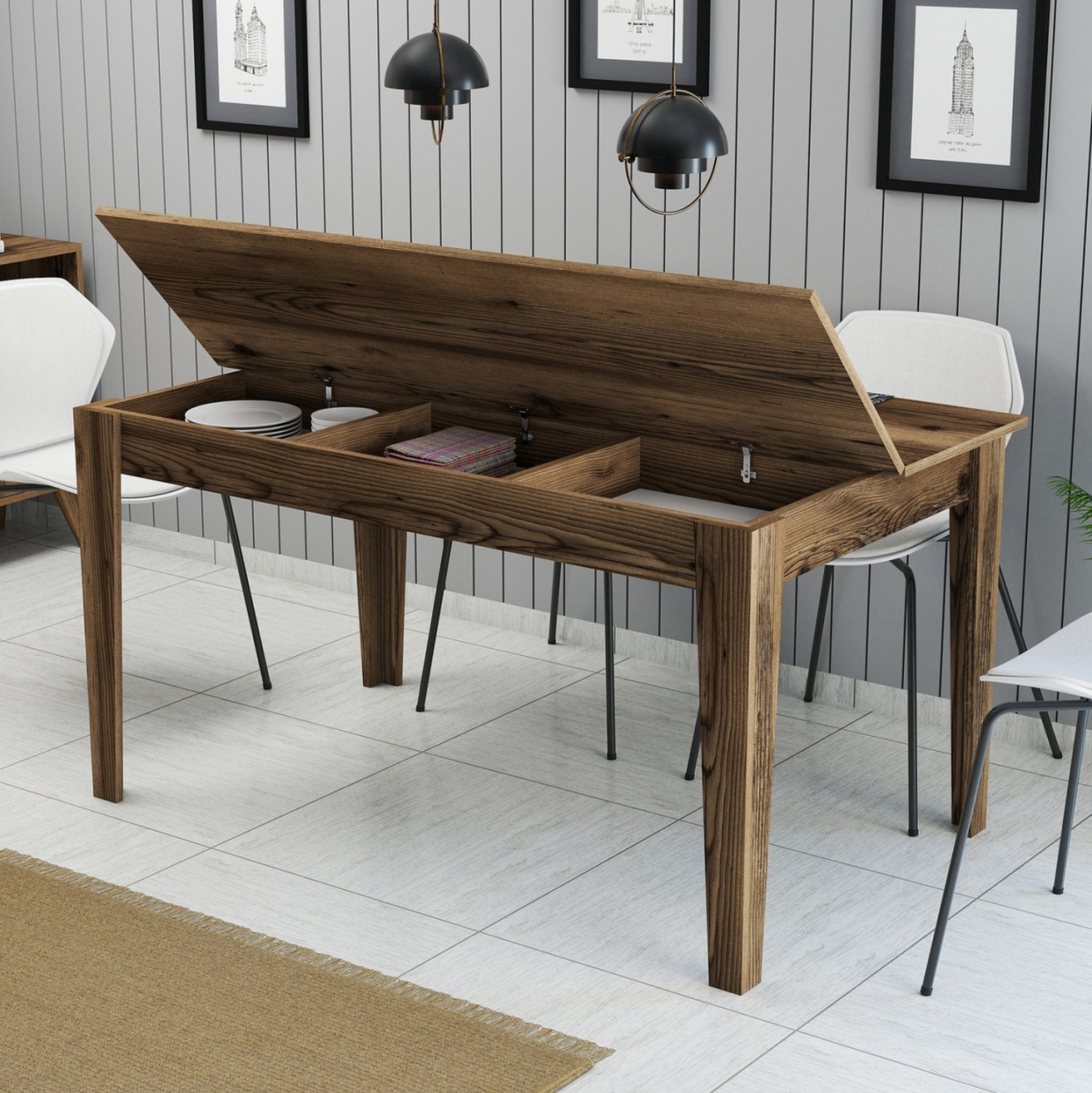 DINING TABLE STANDARD HM9507.04 MELAMINE WALNUT WITH STORAGE SPACE 145x88x75Hcm. [6]