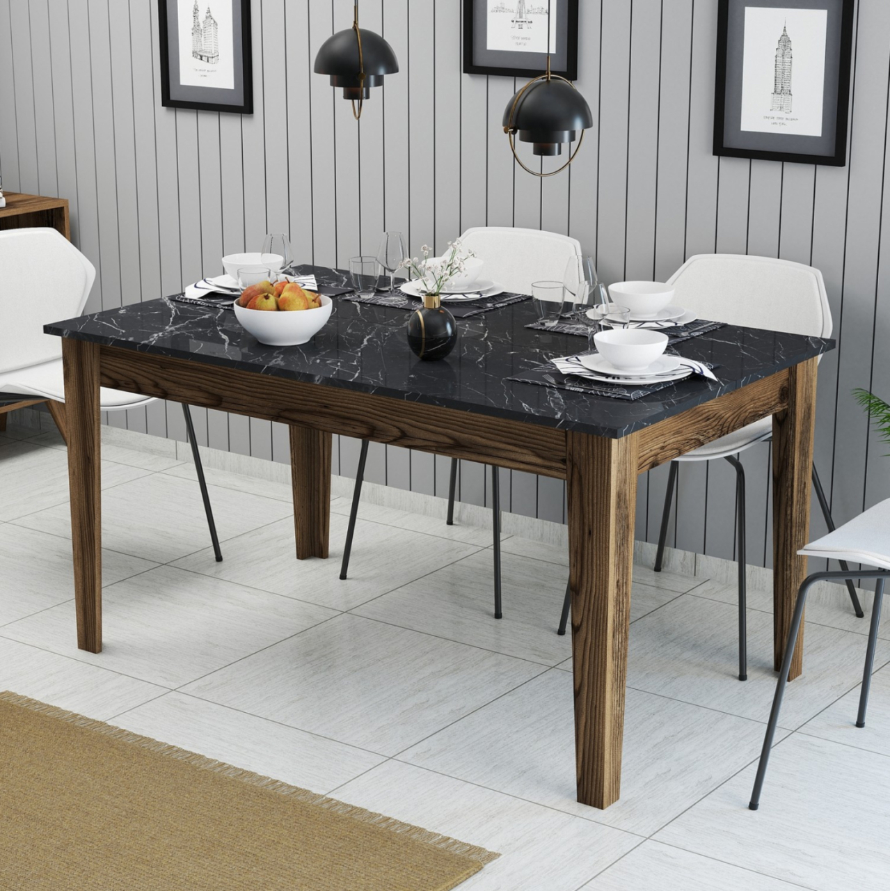 DINING TABLE STANDARD HM9507.05 MELAMINE WALNUT-BLACK MARBLE-LOOK WITH STORAGE SPACE 145x88x75Hcm. [3]