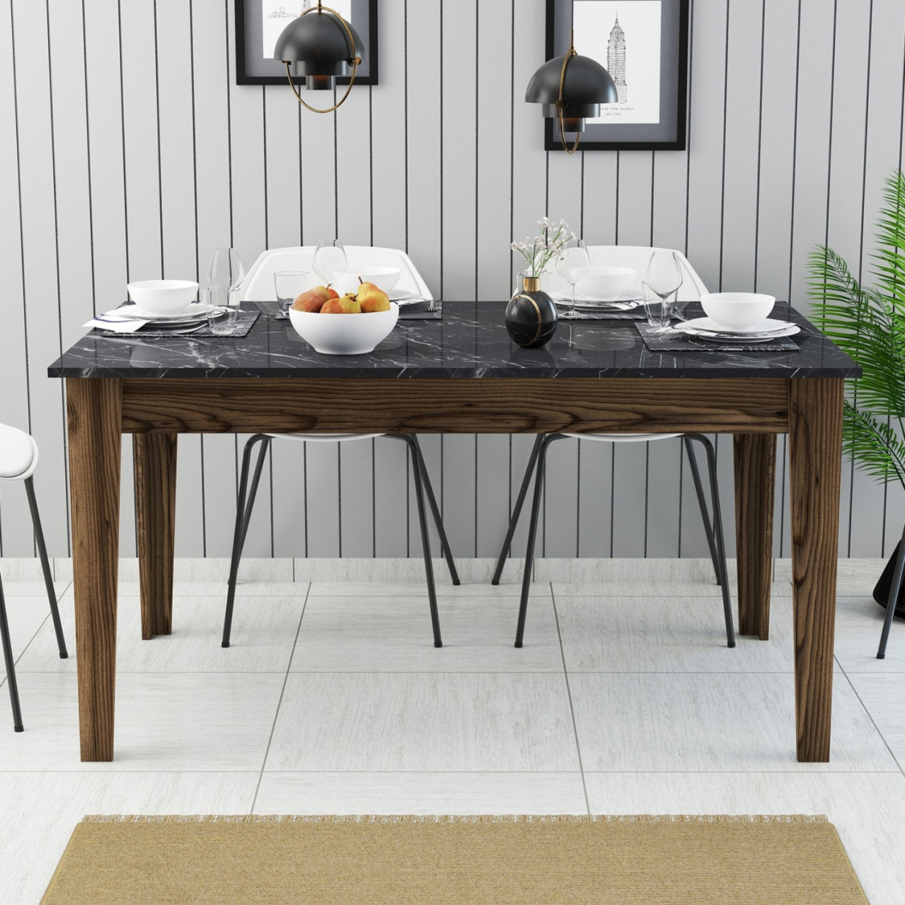 DINING TABLE STANDARD HM9507.05 MELAMINE WALNUT-BLACK MARBLE-LOOK WITH STORAGE SPACE 145x88x75Hcm. [4]