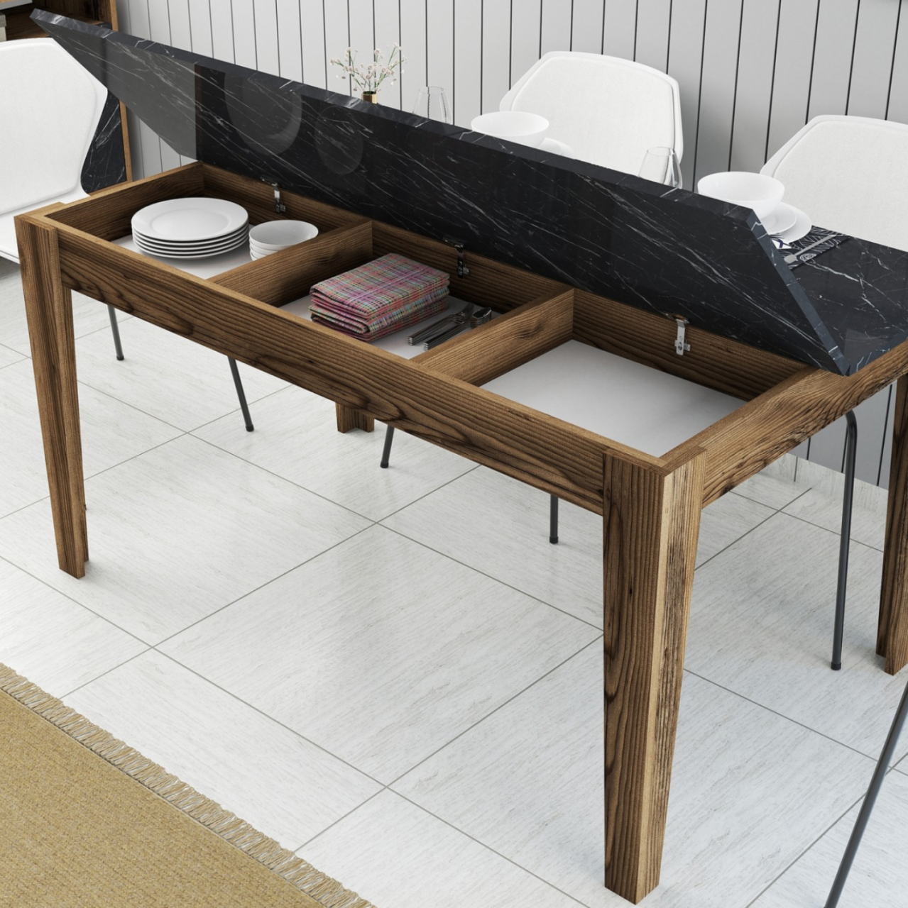 DINING TABLE STANDARD HM9507.05 MELAMINE WALNUT-BLACK MARBLE-LOOK WITH STORAGE SPACE 145x88x75Hcm. [5]
