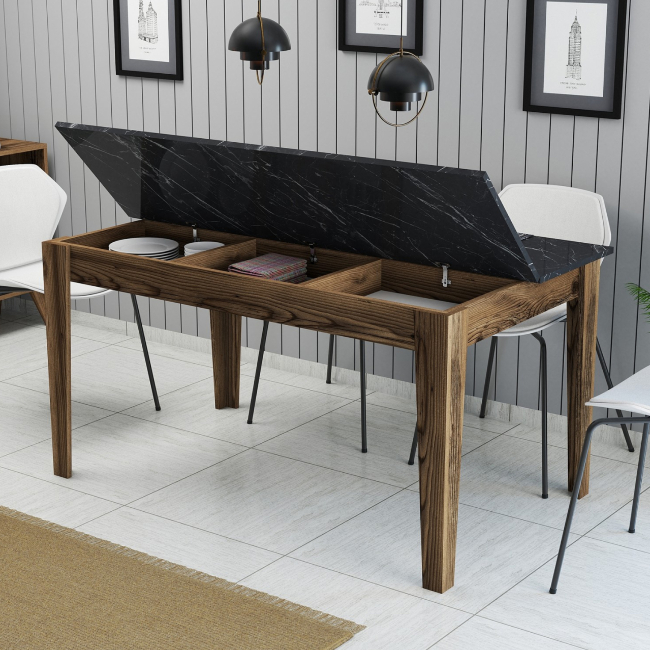 DINING TABLE STANDARD HM9507.05 MELAMINE WALNUT-BLACK MARBLE-LOOK WITH STORAGE SPACE 145x88x75Hcm. [6]
